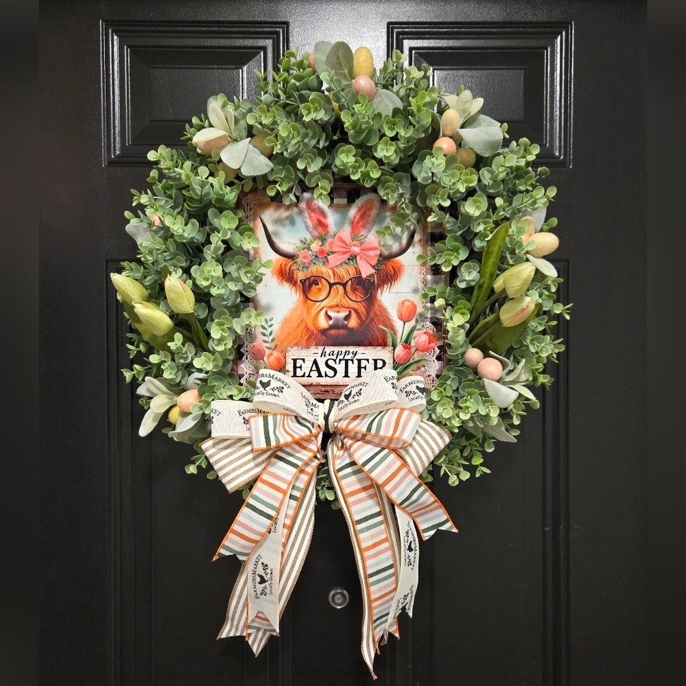 Easter Bunny Cow Eucalyptus And Boxwood Floral Door Wreath with Ribbon